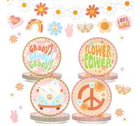 42 Pcs Groovy Party Supplies 7" Retro Hippie Boho Paper Plates Bundle & Groovy Hippie Themed Banner for 60s 70s Party Decorations Pastel Party Plates and Banner for Birthday Baby Shower Wedding Favors