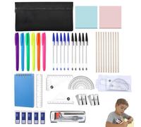 42 Pcs School Stationery Set, Pencil Case with Stationery Included, School Supplies Maths Sets for Secondary School with Protractor and Compass Set Pen Notebook Sticky Note Rubber Sharpener