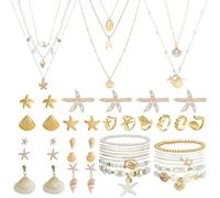 42 Pcs Starfish Seashell Jewelry Set Beach Jewelry for Women Summer Mermaid Accessories Layer Necklace Bracelets Stackable Rings Anklet Stud Earrings Pearl for Holiday Vacation Wedding Party Gifts