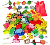 42 PCS Wooden Threading Toys for 2 3 Year olds, Wooden Montessori Toys, Early Development & Activity Toys Toddler Preschool Activities Stringing Toys for Toddlers Boys Girls