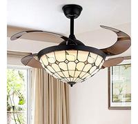 42" Tiffany Style Ceiling Fan with Light, Mediterranean Vintage Dimmable LED Chandelier Fan Remote Control with Retractable Blades 3 Colors 3-Speed for Bedroom Living Room (Black)