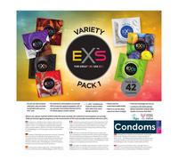 42 x Exs Condoms Pack | Black Latex Nano Thin Ribbed Dotted Flavoured
