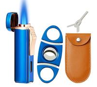 420 Carbon Steel Jet Lighter and Cutter Set, Built-in Punch, Triple Jet Flame Gas Lighter, Refillable Butane Torch Lighters, Blue(Sold Without Gas)