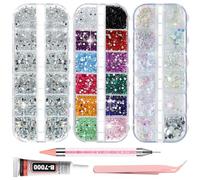 4200pcs Nail Rhinestones, 6 Sizes Silver AB Nail Gems, 6 Colors Mixed Rhinestones, 6 Styles of Sequins, Including 15ml B-7000 Glue, Pick-Up Tweezers & Dotting Pen