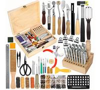 424 Pcs Leather Tools, Leather Working Tools and Supplies, Leather Craft Kits with Instructions, Leather Sewing Kit, Leather Tool Holder, Wooden Storage Box, Leather Stamping Set