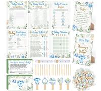 424Pcs Blue Eucalyptus Baby Shower Game Set-8 Games, Includes Greenery Baby Shower Bingo Fun and Easy to Play Guess Who Word Scramble Price is Right How Big is Mommy's Belly Don't Say The Words