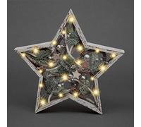 42cm Christmas Pre-Lit Wooden Warm White LED Star Frame Tabletop Centrepiece Decoration with Pinecones and Baubles Holiday Home Décor