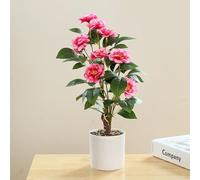 42cm Potted Artificial Camellia Plant in Plastic Pot for Home Office Decor, Maintenance- Faux Flowers in Pink, White, Rose Red(purple red)