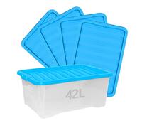 42L 42 Litre Large Clear Plastic Stackable Storage Boxes with Sky Blue Lids - Set of 5-26cm (H) x 59cm (L) x 39cm (W)