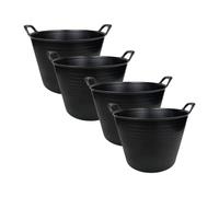 42L Large Black Flexi Tub - Heavy Duty Flexible Rubber Storage Bucket with Handles | Multi Purpose Container for Garden Waste, DIY, Builders, Stable Feed, Home, Indoor Outdoor Use (42L-Black (Pack 4))