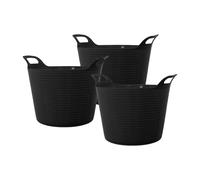 42L Large Multipurpose Plastic Flexi Tub Storage Bucket - Black Set of 3 Tubs
