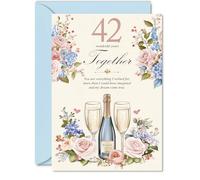 42nd Anniversary Card for Men Women - Floral Champagne - Happy 42 Year Anniversary Card for Partner Husband Girlfriend Boyfriend, A5 Wedding Anniversaries Greeting Cards