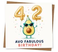 42nd Birthday Card, Avocado, Party Hat & Gold 42 Balloons