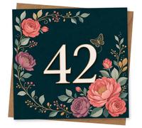 42nd Birthday Card for Her, Bold 42 on Dark Teal Florals | Stylish dark teal background with a large 42 framed by rich pink and purple flowers for her 42nd birthday.