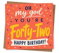 42nd Birthday Card for Her, Coral Confetti Quote | Coral sprinkle-confetti design with big hand-lettered “Oh my god you’re Forty-Two” and “Happy Birthday!” for her 42nd.
