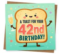 42nd Birthday Card for Her, Funny Toast & Bubbly Glass | For her 42nd birthday, a cheerful toast character raises a champagne glass alongside “A Toast for Your 42nd Birthday!”