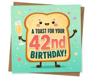 42nd Birthday Card for Her, Funny Toast & Bubbly Glass | For her 42nd birthday, a cheerful toast character raises a champagne glass alongside “A Toast for Your 42nd Birthday!”