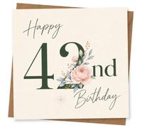 42nd Birthday Card for Her, Green, Pink Peony | Graceful script with large dark green 42nd numerals and soft pink floral detail-stylish for her 42nd birthday.