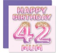 42nd Birthday Card for Mum - Pink & Purple Glitter Balloons - Happy Birthday Cards for 42 Year Old Mum Mother from Son Daughter, 145mm Bday Greeting Cards Gift
