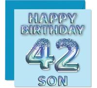42nd Birthday Card for Son - Blue Glitter Party Balloons - Happy Birthday Cards for 42 Year Old Son from Mum Dad Parents, 145mm Bday Greeting Cards Gift