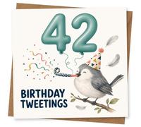 42nd Birthday Card, Party Bird, 42 Balloons, Confetti | A playful 42nd birthday card featuring a party-hat bird, balloon-style number 42, confetti and “Birthday Tweetings”.