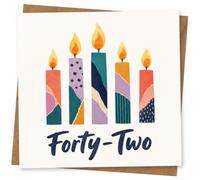 42nd Birthday Card, Patchwork Candles and Bold Forty-Two | Playful patchwork-style candles paired with bold “Forty-Two” wording to mark a colourful 42nd birthday.