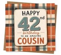 42nd Birthday Card, Plaid Print, Message for Amazing Cousin | Warm plaid pattern with bold type and the front message “Happy 42nd birthday to an amazing cousin”.