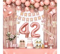 42nd Birthday Decorations for Women Girls, Happy 42 Birthday Decorations for Her, Rose Gold Birthday Party Supplies with Banner, Number Balloons, Fringe Curtains, Hanging Swirls