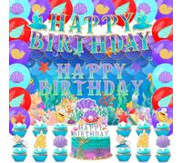 42Pack Mermaid Party decoration pack include Banner,Cake Toppers,Balloons,Blackdrop for Mermaid Birthdday Party Decoration