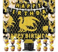 42Pcs Black Gold Dragon Birthday Party Decorations Include Cake Toppers Cupcake Toppers - Happy Birthday Party Flag Banner and Balloons Background
