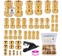 42pcs Brass Compression Tube Pipe Fittings Assortment Kit, 1/8" 3/16" 1/4" 5/16" 3/8" 1/2" 5/8" 3/4" OD Union Connectors & Sleeves Ferrules for Industrial Airline/Truck/Hydraulic Systems-8 Sizes