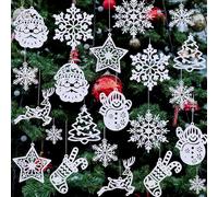 42Pcs Christmas Tree Decoration, White Glitter Snowflake Christmas Tree Reindeer Santa Snowman and Star Ornaments, Hanging Glitter Xmas Ornaments with String for Winter Holiday Decoration