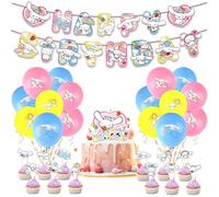 42PCS Cin-nam-roll Birthday Decorations, San-ri Party Supplies Party Deco Happy Birthday Banner Anime Cake Decorations Cupcake Toppers Theme Latex Balloons for Girl Boys Kids