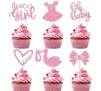 42Pcs Gender Reveal Cupcake Toppers,Pink Cupcake Toppers It's a Girl Baby Shower Decorations Bow Dress Cupcake Toppers for Birthday Party Decorations Supplies
