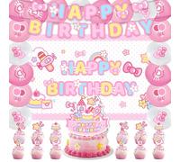 42Pcs Pink Cat Birthday Party Decorations Cartoon Cute Cat Supplies Including Banner, Cake Toppers, Balloons, Kitten Backdrop Pink Bow Birthday Party Decorations
