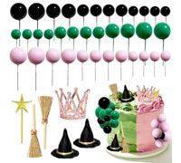 42pcs Wicked Cake Topper Pink Green Black Balls Witch Hat Pick Crown Star Wand Wicked Cake Decorations for Birthday Wedding Halloween Party Decorations
