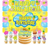 42Pcs Yellow Cartoon Sponge Party Supplies Pineapple Hamburger Birthday Supplies Including Banner, Backdrop, Cake Toppers, Balloon Under the Sea Birthday Decorations