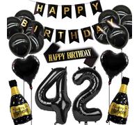 42th Birthday Decorations Set Women and Men, Black Gold 42 Birthday Decoration Balloon, 42th Birth Party Supplies Including Banner, Shoulder Strap and Wine Bottle Balloon