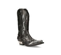 New Rock Mens Flame Accented Black/Silver Leather Biker Cowboy Boots- M-7921-S3 - Size EU 43