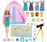 43 Pcs Doll Clothes Travel Camping Accessories Compatible with Barbie, Camping Fashion Playset 1 Tent 1 Telescope 4 Dresses 4 Shoes 4 Pets 29 Accessories Set for 11.5 Inch Doll Girls Gift