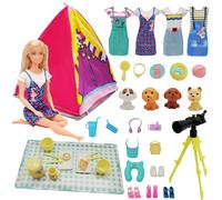 43 Pcs Doll Clothing Camping Sets Compatible with Barbie 11.5 Inch Doll, Dolls Travel Camping Tent Set 1 Tent 4 Skirt 4 Dog 1 telescope 4 Shoes 29 Accessories Gift for Doll Collector Kids