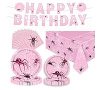 43 Pcs Ghost Spider Hero Party Tableware Birthday Decorations, Pink Spider Web Tableware Set with Birthday Banner, Plates Napkins & Tablecloth for Halloween Party Decor Supplies