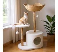 43" Tall Multi-Level Real Wood Cat Tree Tower with Large Basket, Scratching Posts and Real Branch Design, Dangling Ball, and Extended Platform for Cats to Play and Sleep