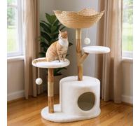43" Tall Multi-Level Real Wood Cat Tree Tower with Large Basket, Scratching Posts and Real Branch Design, Dangling Ball, and Extended Platform for Cats to Play and Sleep