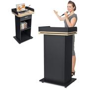 43” Wooden Podium Stand with 3-Tier Storage Shelves & Lockable Wheels - Floor-Standing Lectern for Churches, Offices, Schools, and Conferences (Black Front Panel)