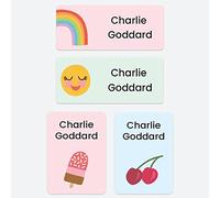 43 x Mixed Pack No Iron Personalised Stick On Waterproof Washable Name Labels Clothes, School Uniform, Equipment, Shoes and More. School, Nursery, Day Care, Hospital - Cute Icons Rainbow Mix