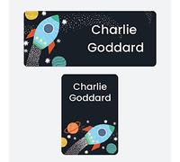 43 x No Iron Personalised Stick On Waterproof Washable Name Labels Great for Clothes, School Uniform, Equipment, Shoes. School, Nursery, Day Care, Hospital - Outer Space