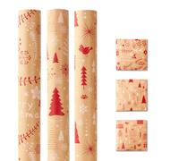 43cm*3M Christmas Kraft Wrapping Paper,3 Roll Rustic Red Gift Wrapping Paper with Tree,Bells,Snow & Leaves,Vintage Gift Wrap for Holiday,Xmas Gifts (Multi)