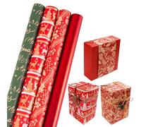 43cm×3m Christmas Wrapping Paper Rolls,4 Roll Package Xmas Wrapping Gift Wrap Xmas Party with Christmas Pattern Recyclable Red Kraft Paper Roll Wrap Decor
