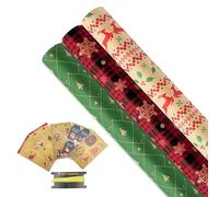 43cm*6M Kraft Gift Wrapping Paper Rolls, 3 Rolls Christmas Wrapping Paper Roll with Tags and Ribbon,Suitable for Xmas, Birthday, Party,Wedding,Baby Shower,Festival Gift Decorations